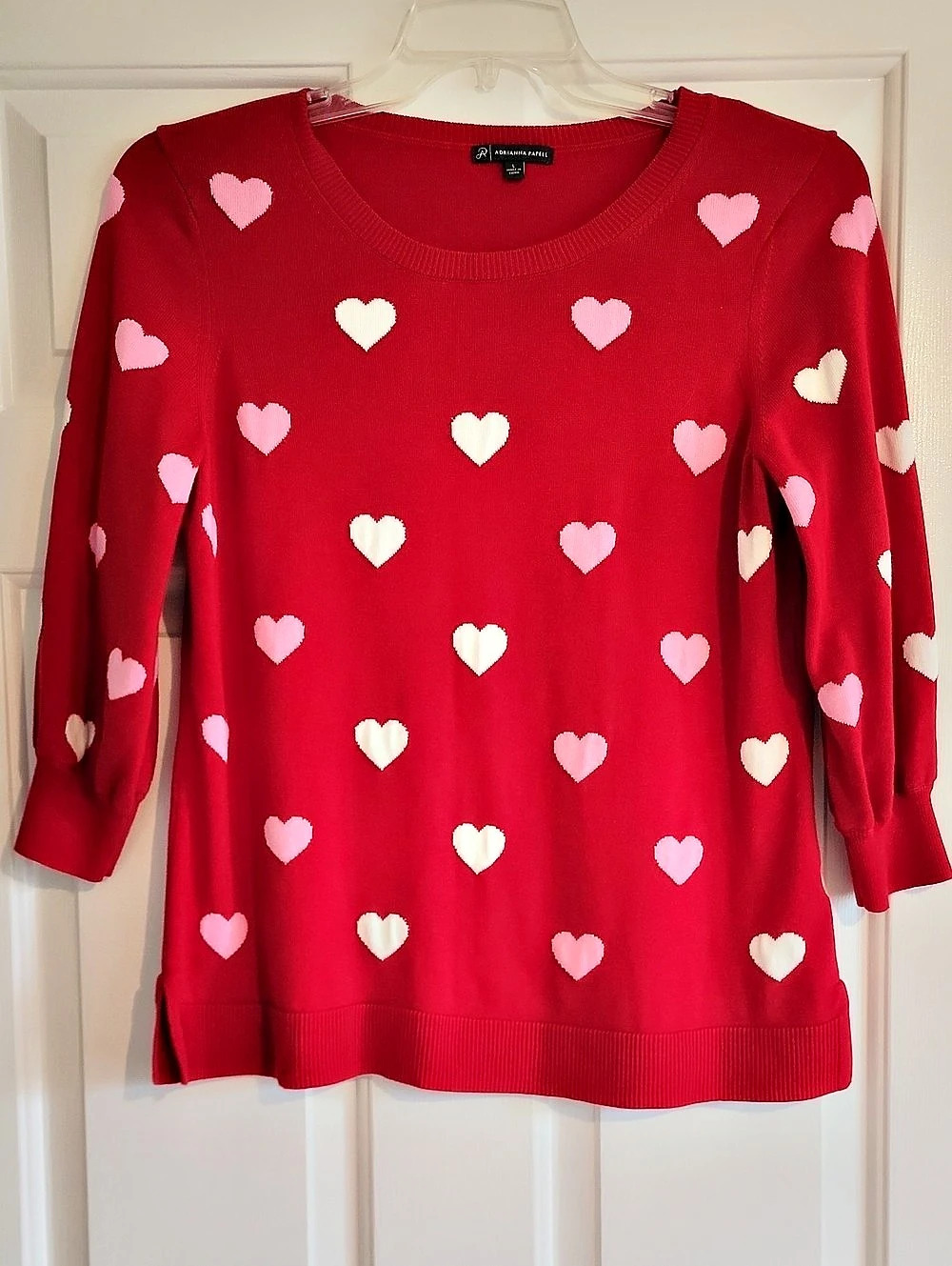 Adrianna Papell Heart Print Pullover Sweater Red & Pink Large